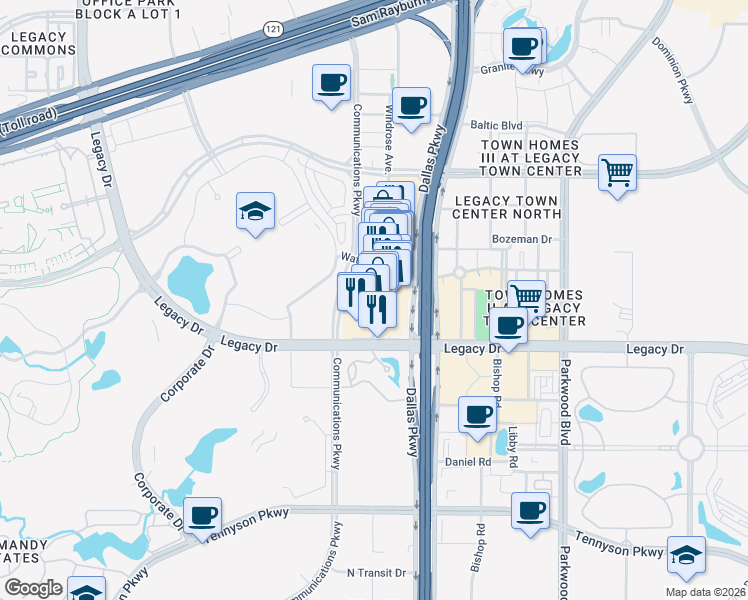 map of restaurants, bars, coffee shops, grocery stores, and more near 7401 Windrose Avenue in Plano