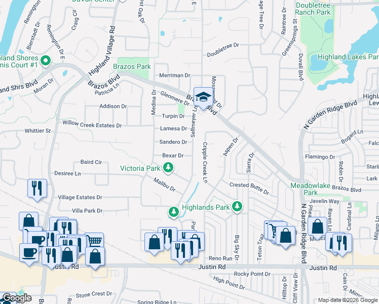 map of restaurants, bars, coffee shops, grocery stores, and more near 233 Bexar Dr in Highland Village