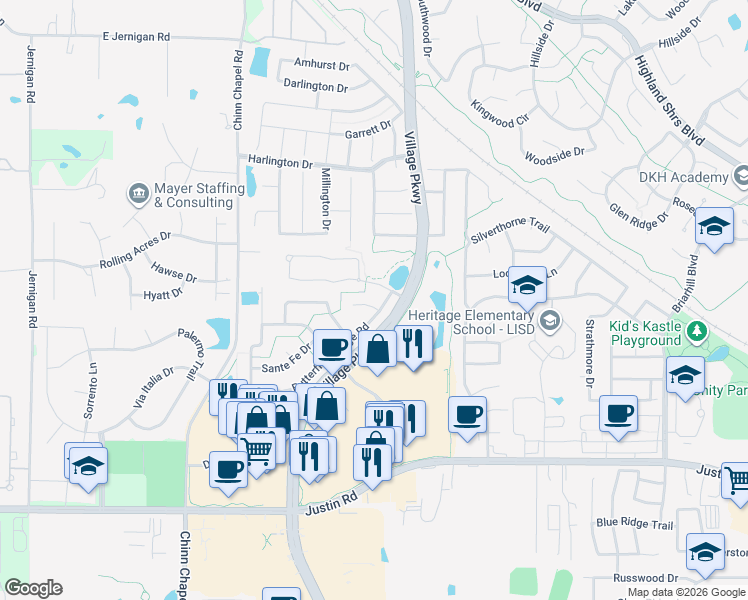 map of restaurants, bars, coffee shops, grocery stores, and more near 904 Summertrail Court in Highland Village