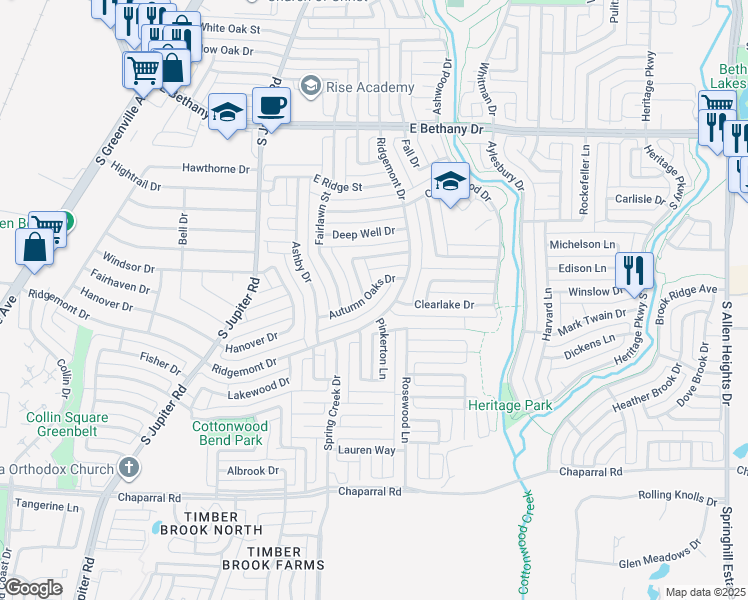 map of restaurants, bars, coffee shops, grocery stores, and more near 662 Autumn Oaks Drive in Allen