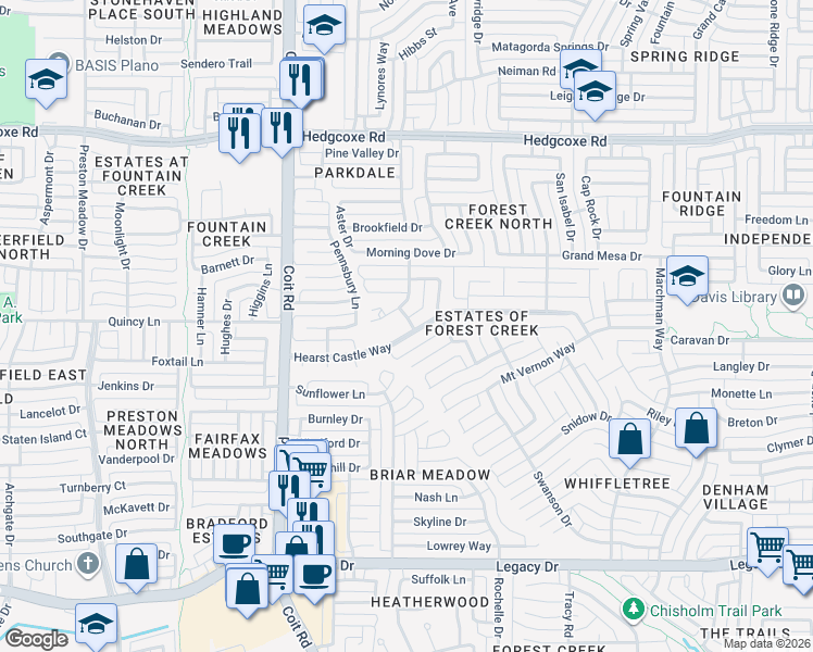 map of restaurants, bars, coffee shops, grocery stores, and more near 3708 Hearst Castle Way in Plano