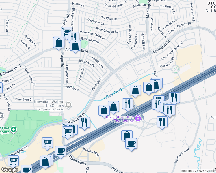 map of restaurants, bars, coffee shops, grocery stores, and more near 5552 Liberty Drive in The Colony