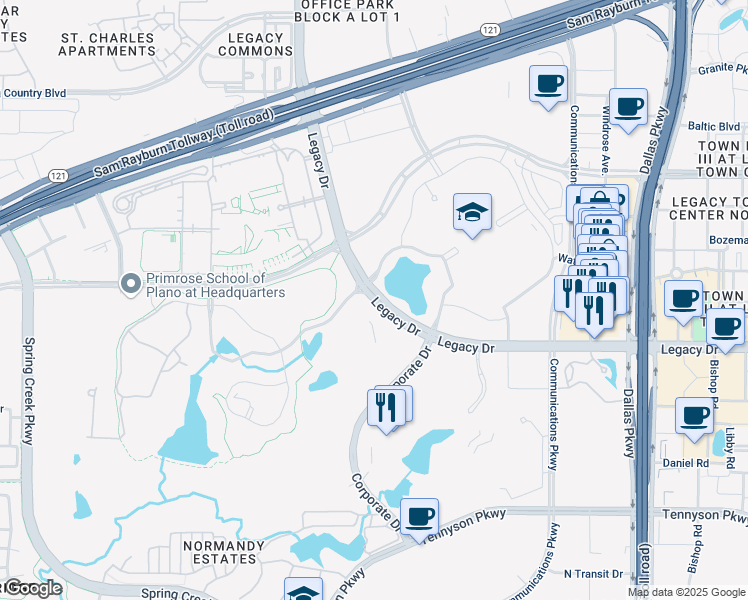 map of restaurants, bars, coffee shops, grocery stores, and more near Bicycle Route 11 in Plano