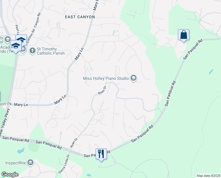 map of restaurants, bars, coffee shops, grocery stores, and more near 2621 Sunset Drive in Escondido