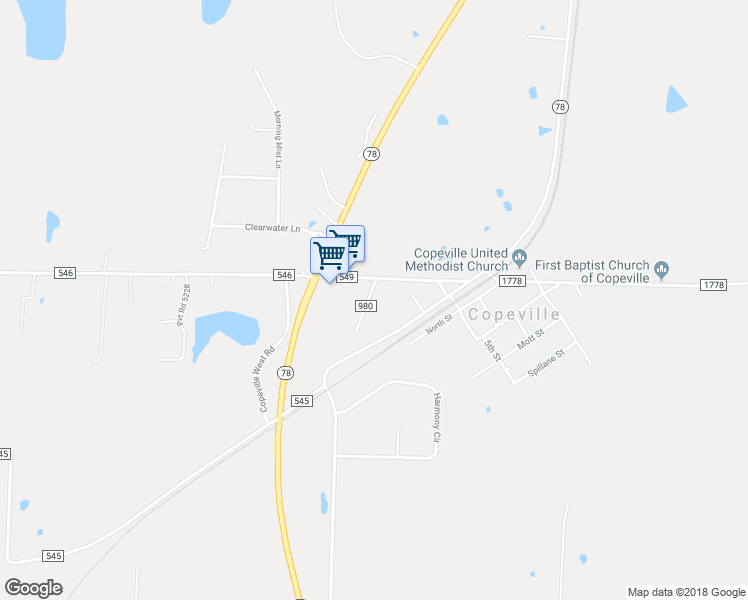 map of restaurants, bars, coffee shops, grocery stores, and more near 5585 County Road 980 in Nevada