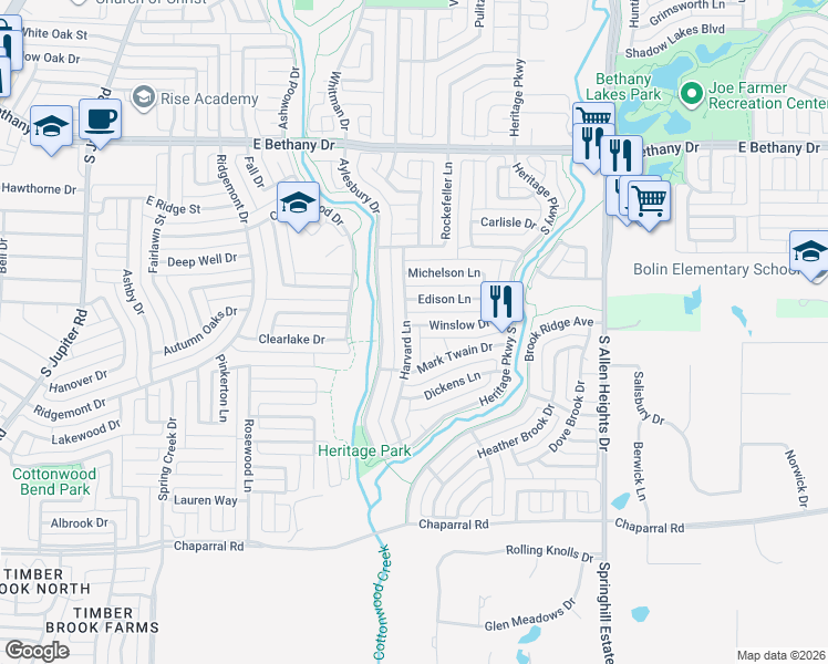 map of restaurants, bars, coffee shops, grocery stores, and more near 1101 Harvard Lane in Allen