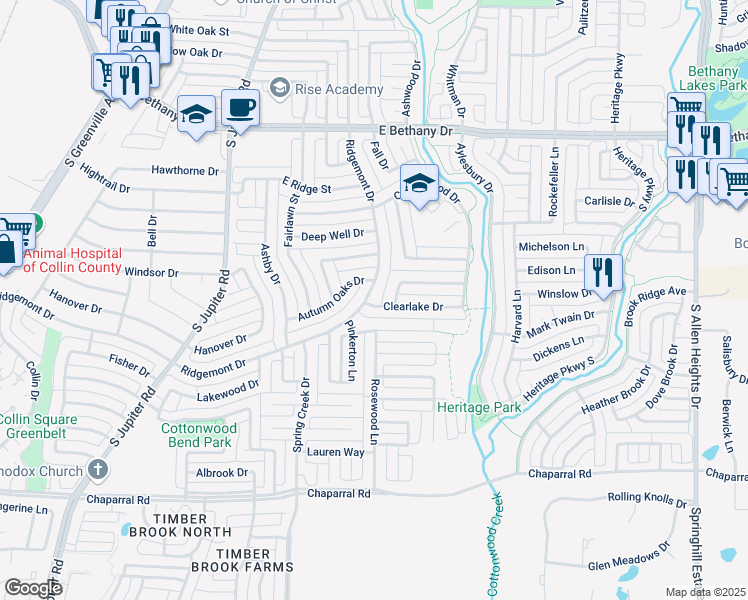 map of restaurants, bars, coffee shops, grocery stores, and more near 1013 Ridgemont Drive in Allen
