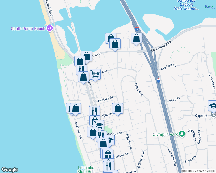 map of restaurants, bars, coffee shops, grocery stores, and more near 1813 Wilstone Avenue in Encinitas