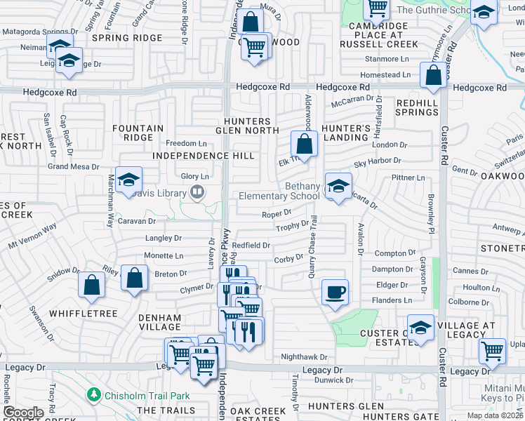 map of restaurants, bars, coffee shops, grocery stores, and more near 2808 Roper Drive in Plano