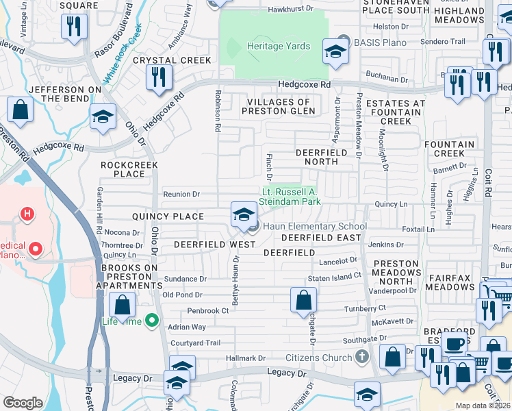 map of restaurants, bars, coffee shops, grocery stores, and more near 4501 Portrait Lane in Plano