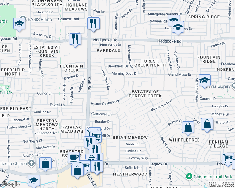 map of restaurants, bars, coffee shops, grocery stores, and more near 3724 Orange Blossom Court in Plano