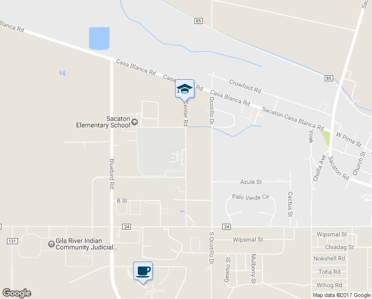 map of restaurants, bars, coffee shops, grocery stores, and more near Skill Center Road in Sacaton