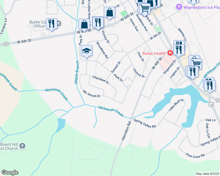 map of restaurants, bars, coffee shops, grocery stores, and more near 634 Cherokee Drive in Waynesboro