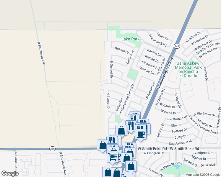 map of restaurants, bars, coffee shops, grocery stores, and more near 4460 Redrock Road in Maricopa