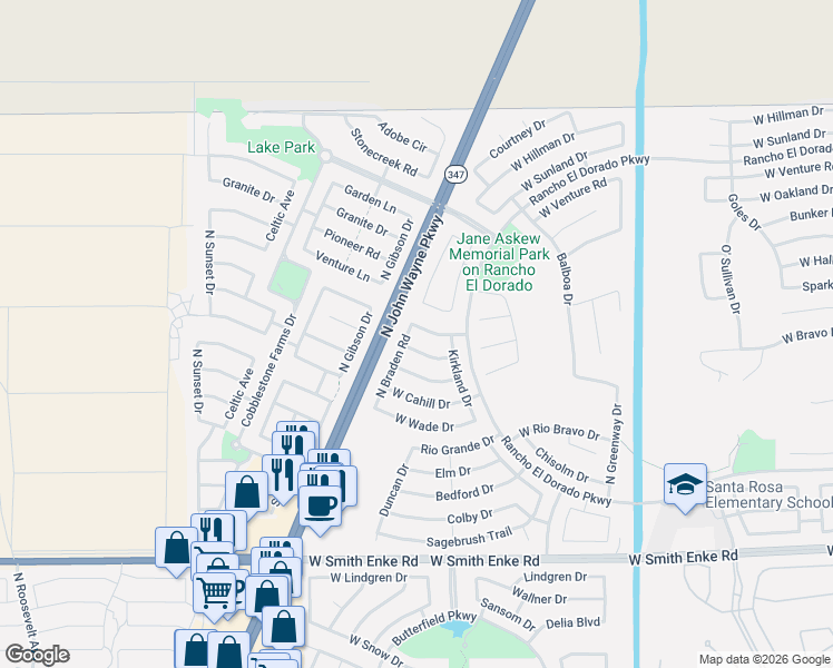 map of restaurants, bars, coffee shops, grocery stores, and more near 43845 Rio Lobo Drive in Maricopa