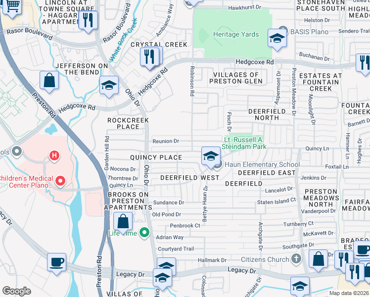 map of restaurants, bars, coffee shops, grocery stores, and more near 4624 Portrait Lane in Plano
