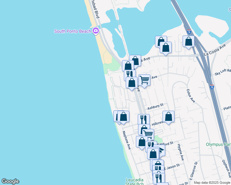 map of restaurants, bars, coffee shops, grocery stores, and more near 1819 Parliament Road in Encinitas