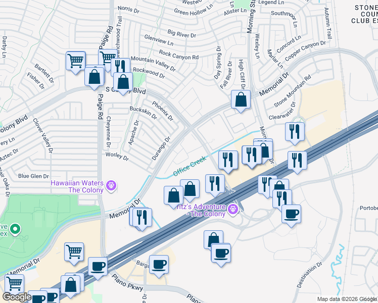 map of restaurants, bars, coffee shops, grocery stores, and more near 5556 Yellowstone Road in The Colony