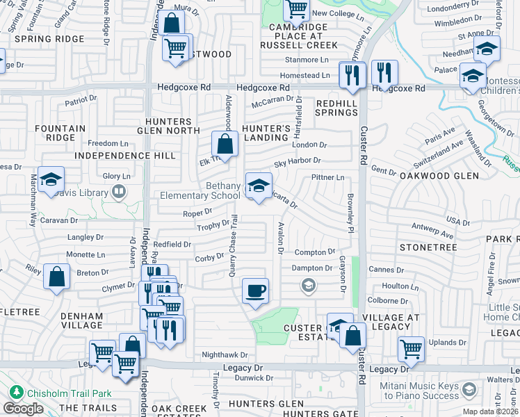 map of restaurants, bars, coffee shops, grocery stores, and more near 2418 Micarta Drive in Plano