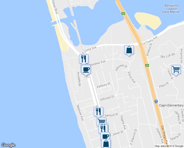 map of restaurants, bars, coffee shops, grocery stores, and more near 1816 Eucalyptus Avenue in Encinitas