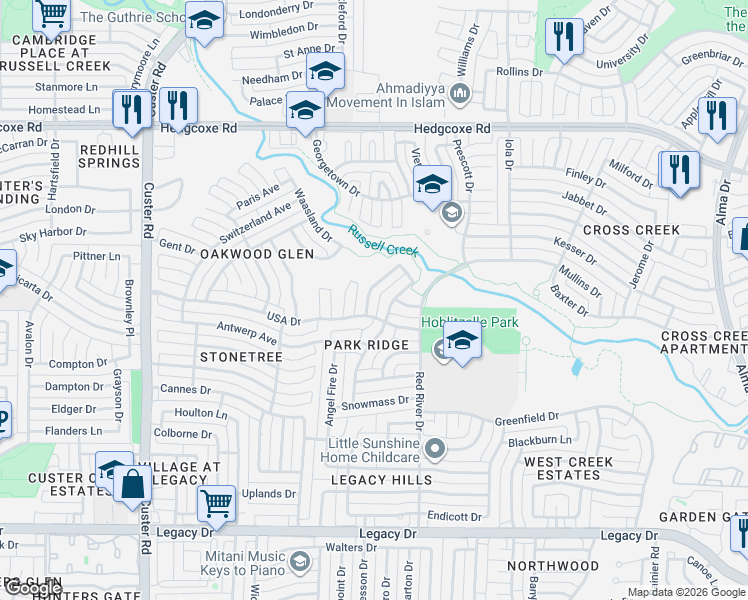 map of restaurants, bars, coffee shops, grocery stores, and more near 7501 Crested Butte Drive in Plano