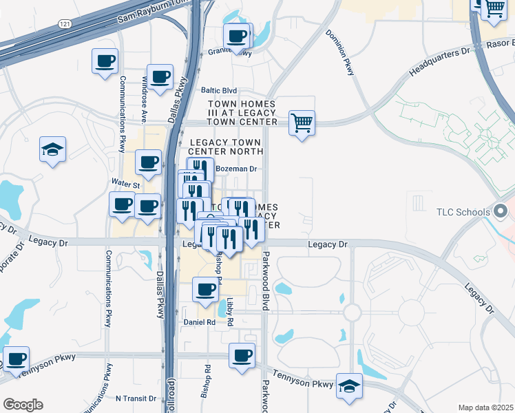 map of restaurants, bars, coffee shops, grocery stores, and more near 7540 Edna Court in Plano