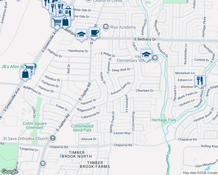 map of restaurants, bars, coffee shops, grocery stores, and more near 1112 Fairlawn Street in Allen