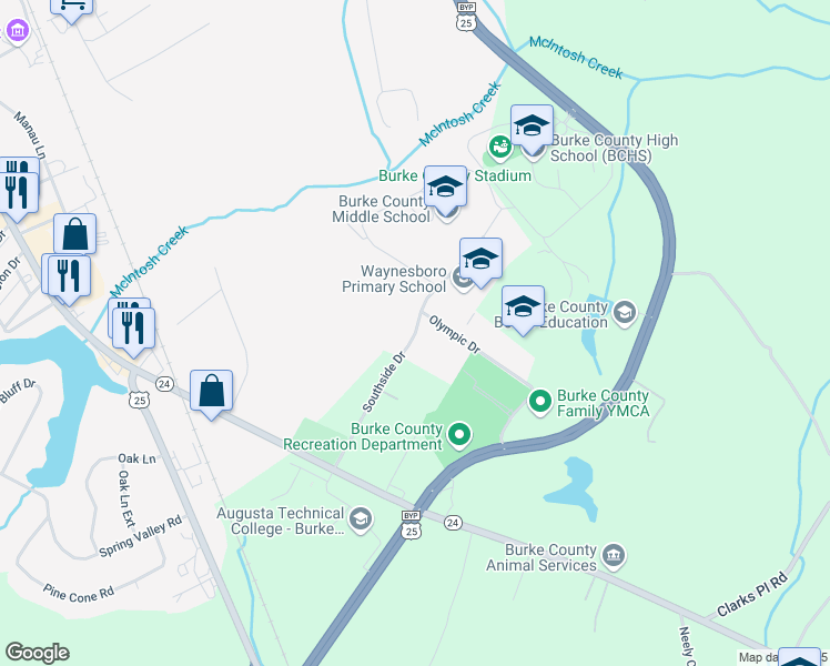 map of restaurants, bars, coffee shops, grocery stores, and more near Southside Drive in Waynesboro
