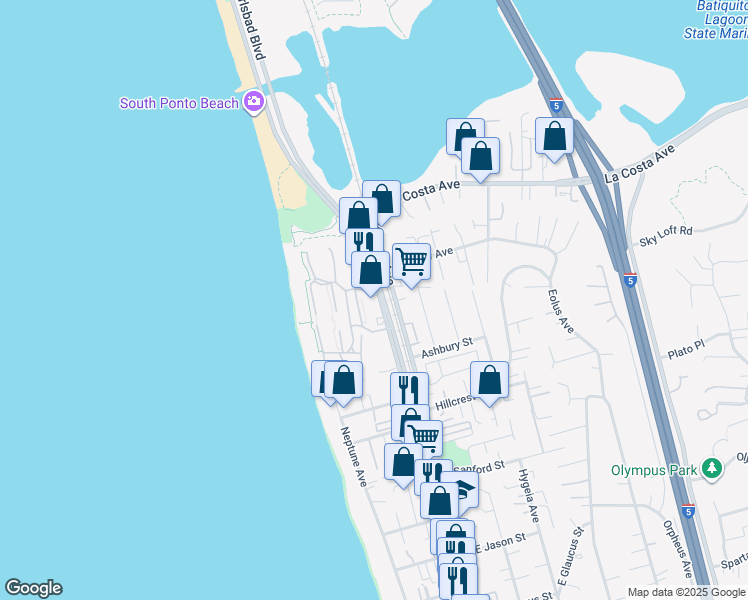 map of restaurants, bars, coffee shops, grocery stores, and more near 1786 North Coast Highway 101 in Encinitas