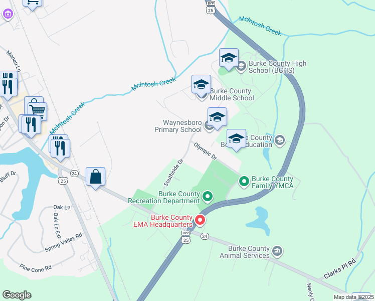 map of restaurants, bars, coffee shops, grocery stores, and more near Southside Drive in Waynesboro