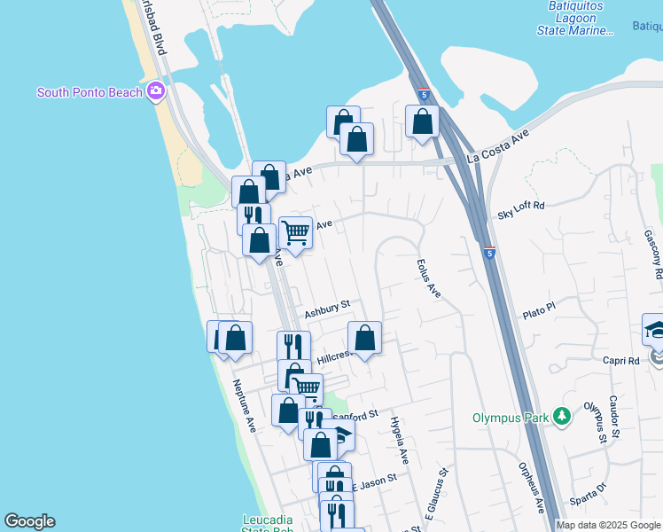 map of restaurants, bars, coffee shops, grocery stores, and more near 1813 Wilstone Avenue in Encinitas