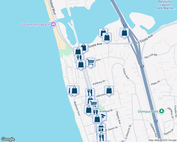 map of restaurants, bars, coffee shops, grocery stores, and more near 1816 Eucalyptus Avenue in Encinitas