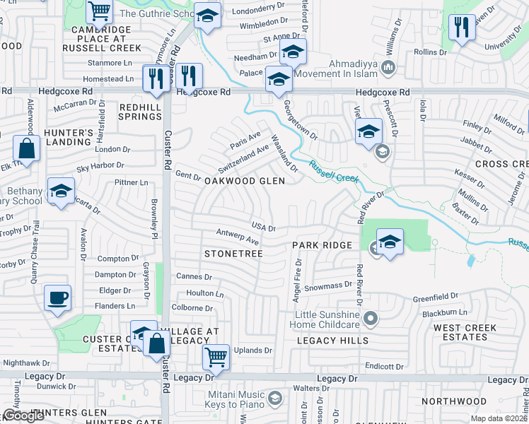 map of restaurants, bars, coffee shops, grocery stores, and more near 7505 England Drive in Plano