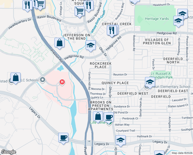 map of restaurants, bars, coffee shops, grocery stores, and more near 4900 Portrait Lane in Plano