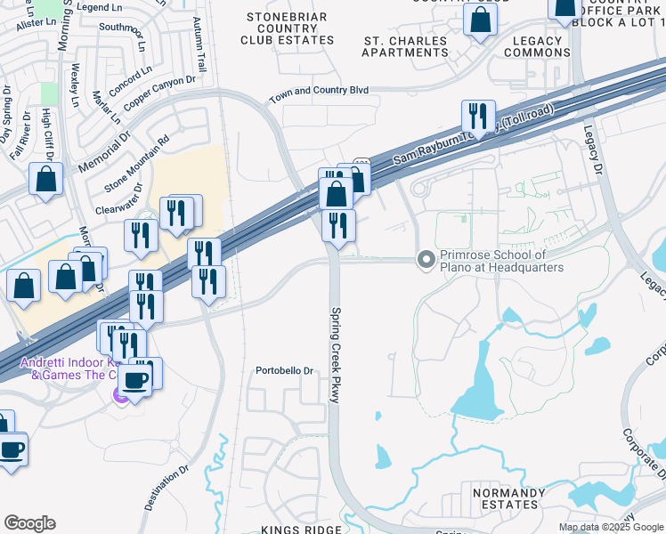 map of restaurants, bars, coffee shops, grocery stores, and more near West Spring Creek Parkway in Frisco
