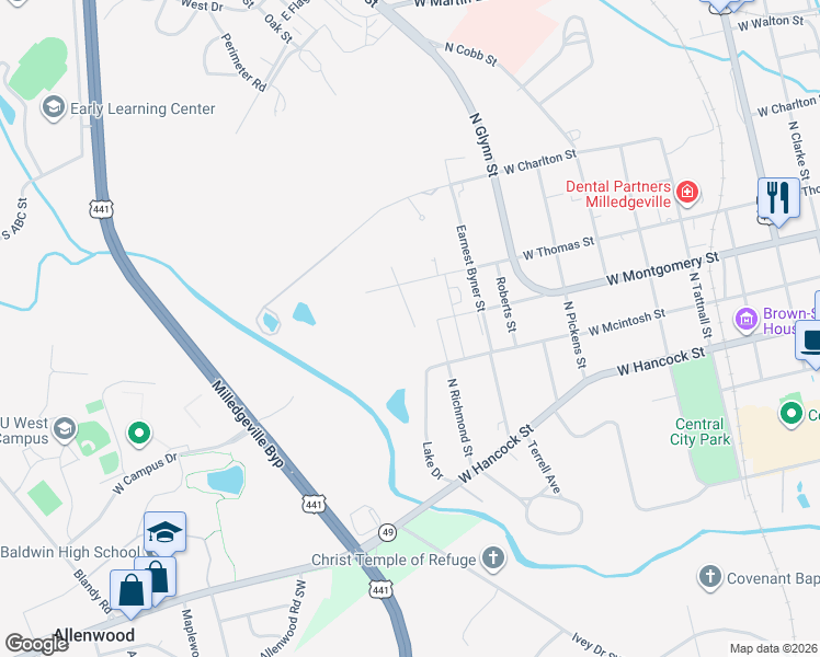 map of restaurants, bars, coffee shops, grocery stores, and more near 306 West Thomas Court in Milledgeville