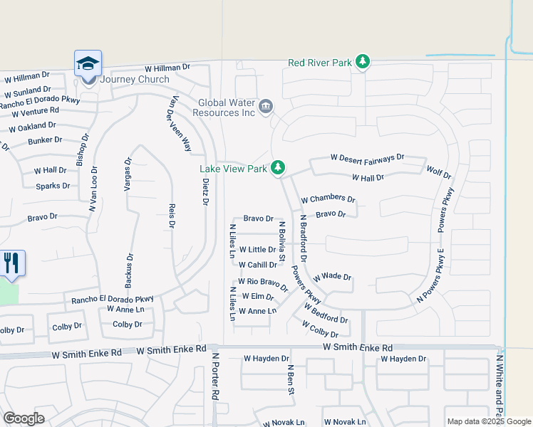 map of restaurants, bars, coffee shops, grocery stores, and more near 41271 West Bravo Drive in Maricopa