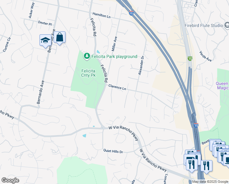map of restaurants, bars, coffee shops, grocery stores, and more near 2826 Calle De Malibu in Escondido
