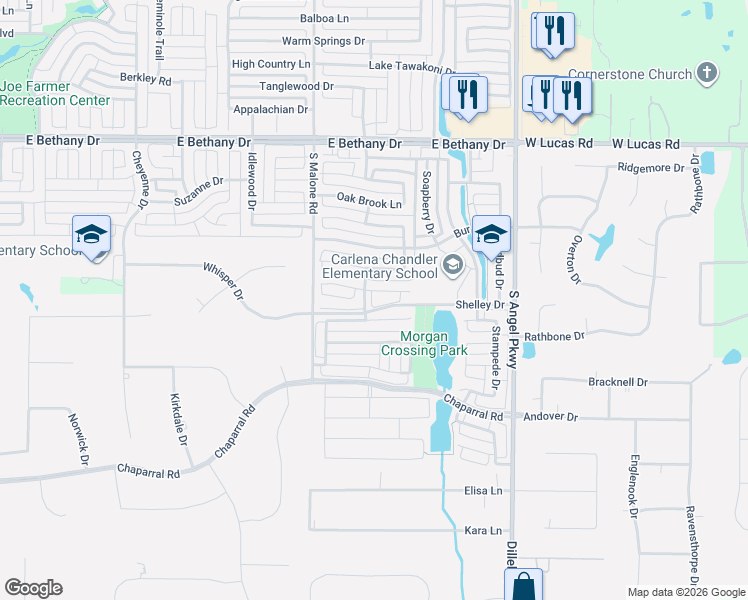 map of restaurants, bars, coffee shops, grocery stores, and more near 1710 Tulare Drive in Allen