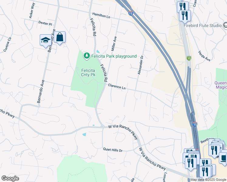 map of restaurants, bars, coffee shops, grocery stores, and more near 2826 Calle De Malibu in Escondido