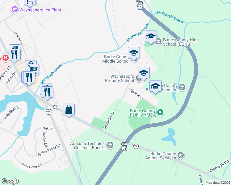 map of restaurants, bars, coffee shops, grocery stores, and more near Southside Drive in Waynesboro