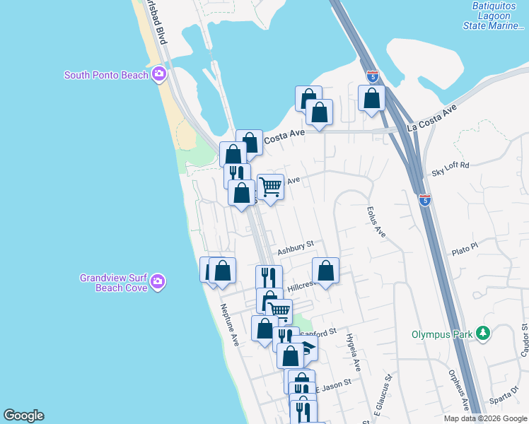 map of restaurants, bars, coffee shops, grocery stores, and more near 1853 North Vulcan Avenue in Encinitas