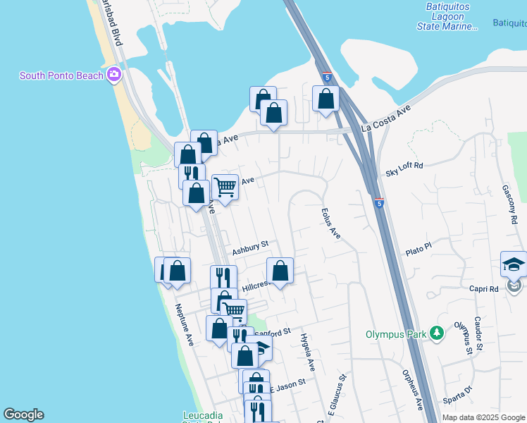map of restaurants, bars, coffee shops, grocery stores, and more near 1813 Wilstone Avenue in Encinitas