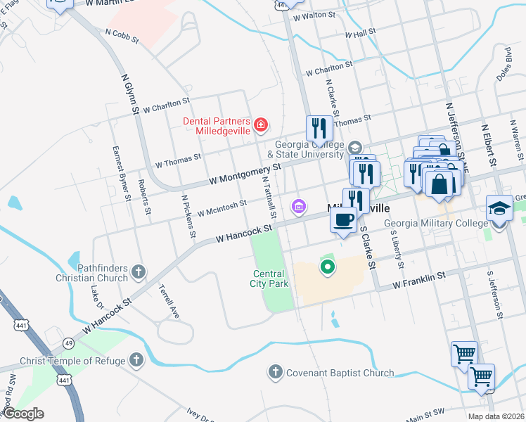 map of restaurants, bars, coffee shops, grocery stores, and more near in Milledgeville