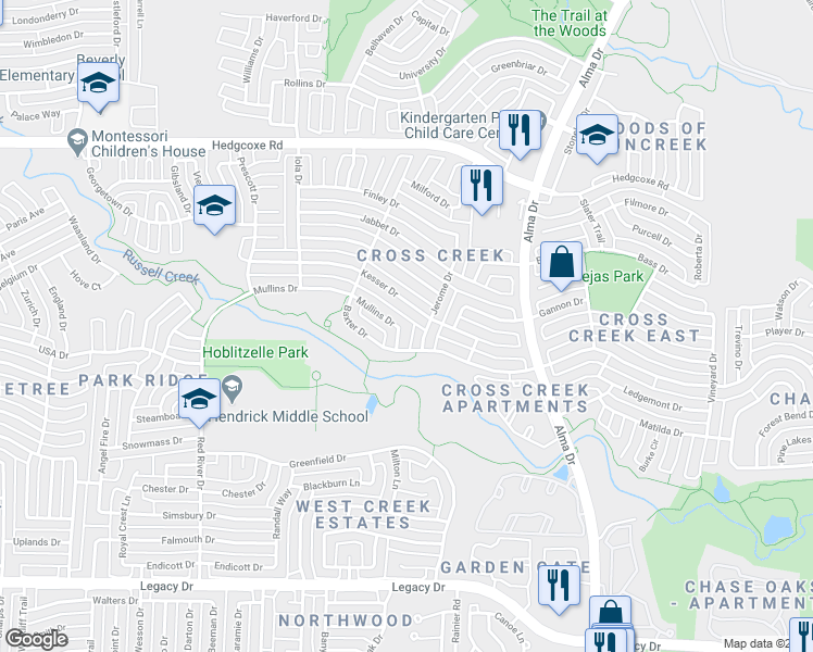 map of restaurants, bars, coffee shops, grocery stores, and more near 7512 Mullins Drive in Plano