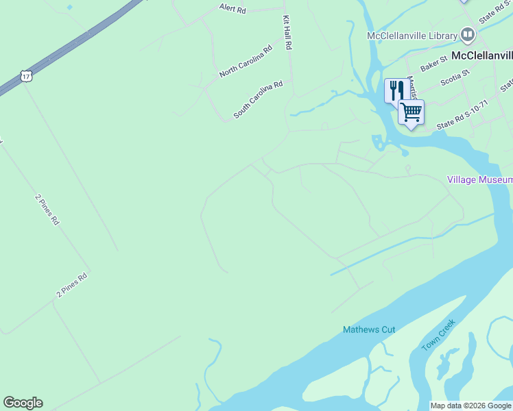 map of restaurants, bars, coffee shops, grocery stores, and more near 3018 Broad Bay Road in McClellanville