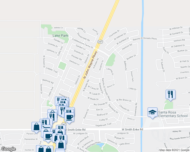 map of restaurants, bars, coffee shops, grocery stores, and more near 43800 Rio Lobo Drive in Maricopa