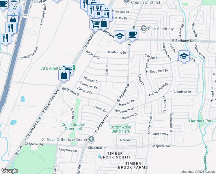 map of restaurants, bars, coffee shops, grocery stores, and more near 1007 Bell Drive in Allen