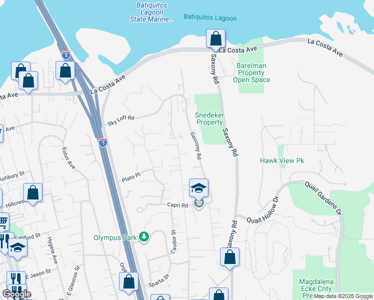 map of restaurants, bars, coffee shops, grocery stores, and more near 1669 Burgundy Road in Encinitas