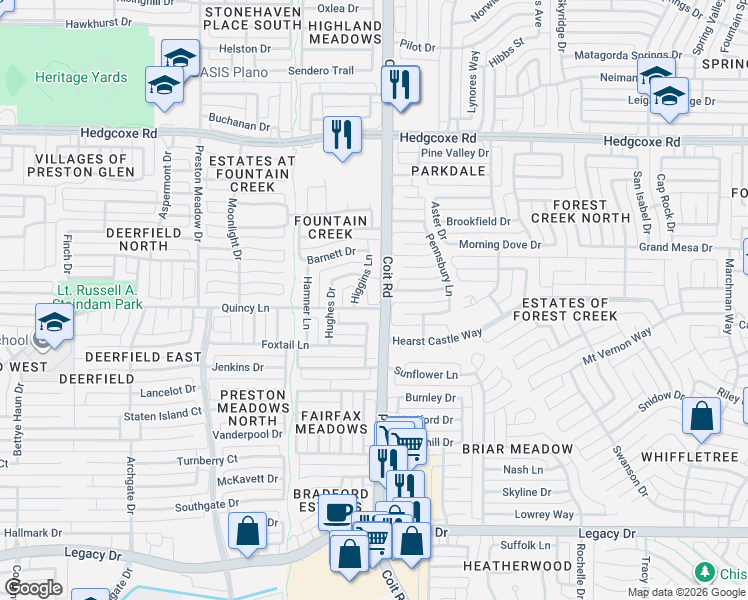 map of restaurants, bars, coffee shops, grocery stores, and more near 4001 Mayflower Lane in Plano